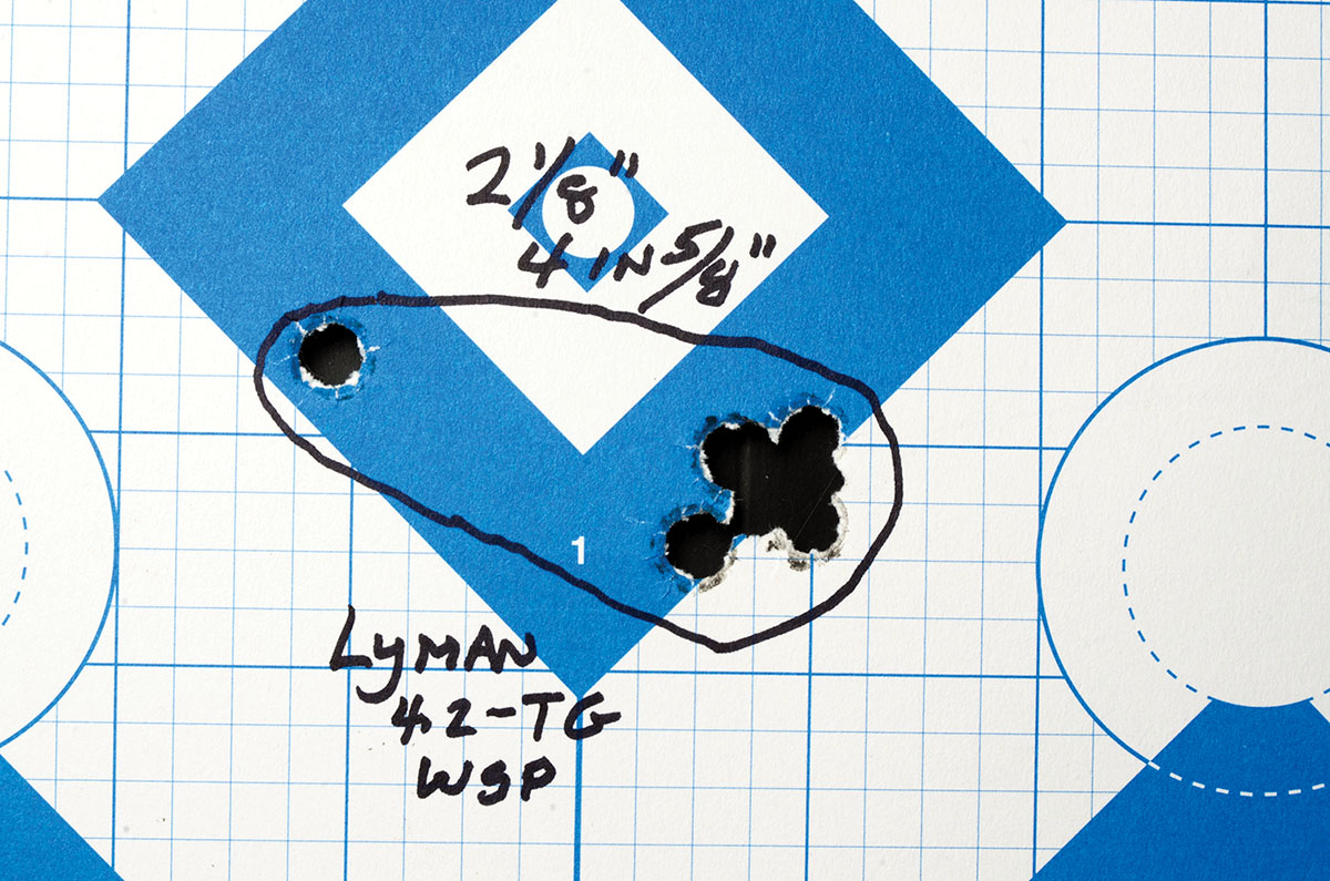 This was one of the best groups Mike got with his Colt SAA 41 Long Colt. The flyer on the left was the second shot.